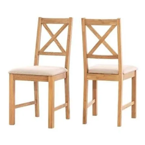 BOXED PAIR OF OAK SMALL CROSS BACK CHAIRS WITH BEIGE FABRIC SEAT