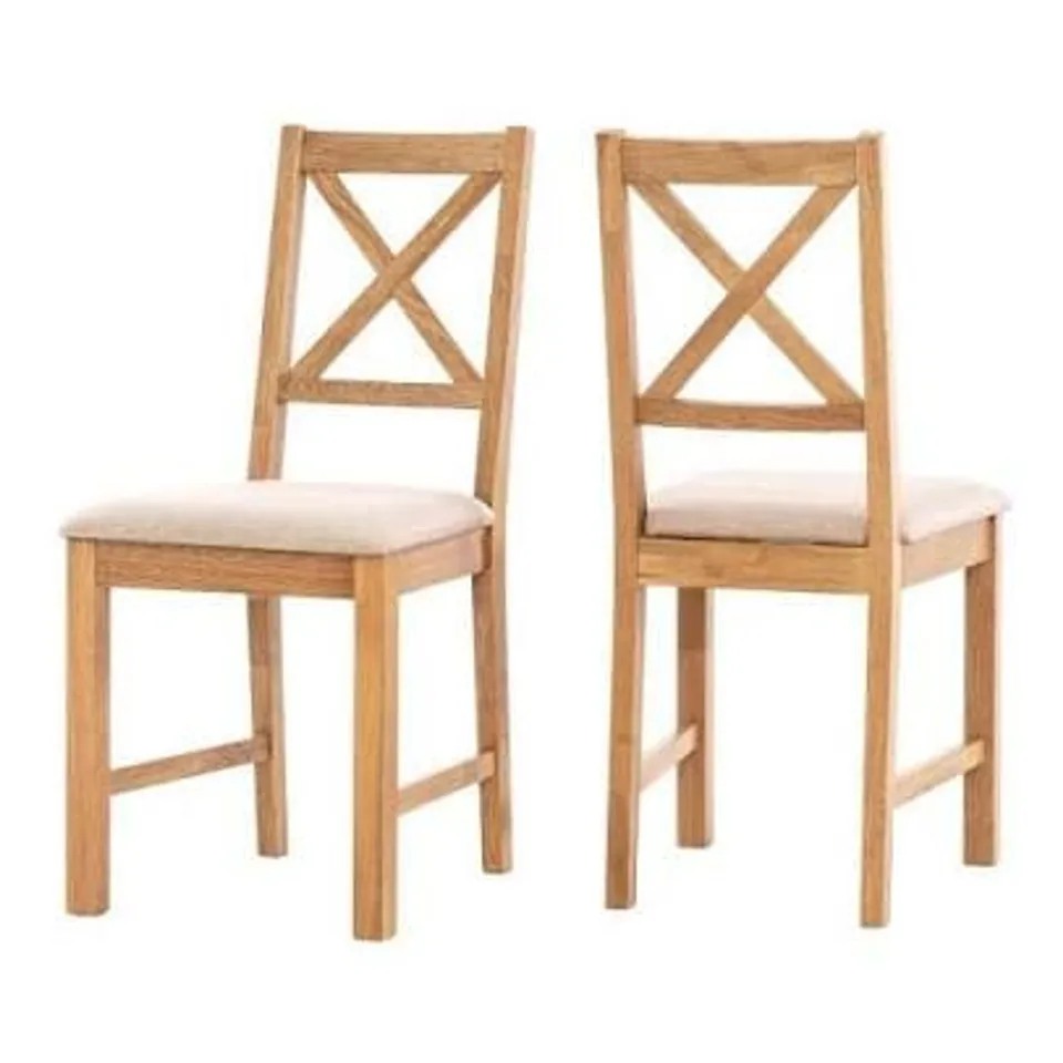 BOXED PAIR OF OAK SMALL CROSS BACK CHAIRS WITH BEIGE FABRIC SEAT