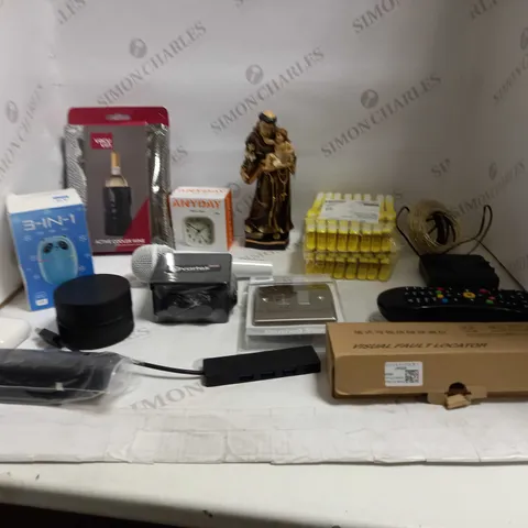 LOT OF ASSORTED HOUSEHOLD GOODS TO INCLUDE APPLE AIRPODS FIRST GEN, ACTIVE COOLER WINE, AND ANYDAY ALARM CLOCK  ETC.