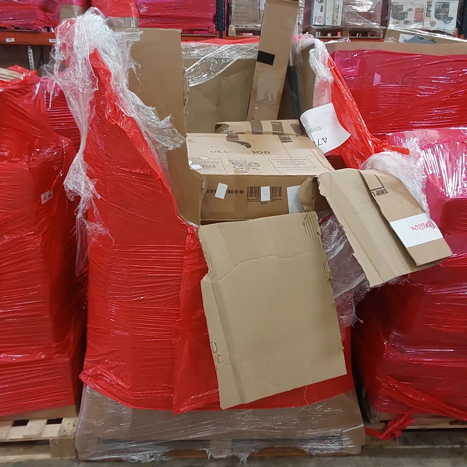 PALLET OF ASSORTED HOUSEHOLD ITEMS AND CONSUMER PRODUCTS. INCLUDING; TV WALL MOUNT, ROCKING CHAIR, OFFICE/GAMING CHAIR, BOXED FURNITURE ETC 