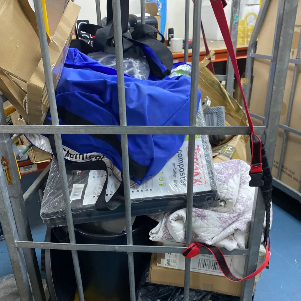 CAGE OF ASSORTED ITEMS TO INCLUDE: WALKING STICK, TALKTALK WIRELESS ROUTER, WICKER BASKET, TOOMAX COMPOSTER ETC