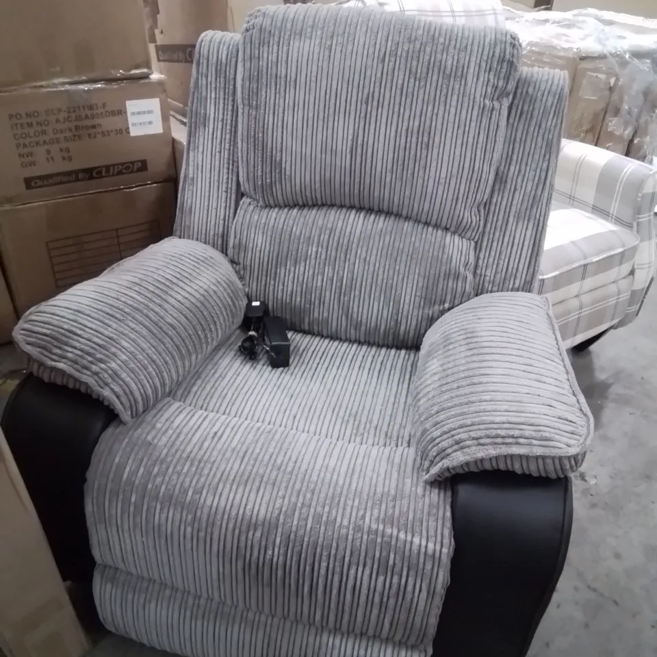 DESIGNER POWER RECLINING EASY CHAIR GREY CHORD/BLACK LEATHER 