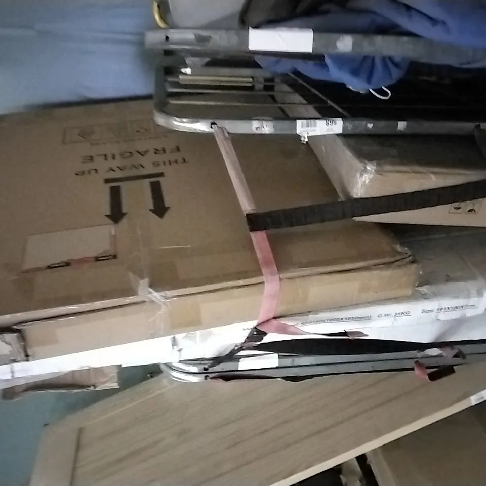 CAGE OF ASSORTED FLAT-PACK FURNITURE PARTS INCLUDING COFFEE TABLE, SHOWER PANELS, BED PARTS