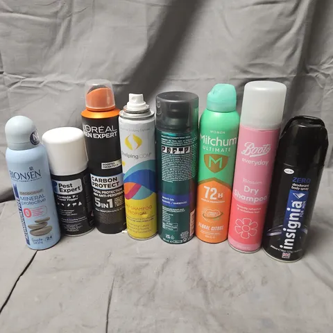 APPROXIMATELY 20 ASSORTED AEROSOLS TO INCLUDE BOOTS DRY SHAMPOO, MITCHUM FLORAL CITRUS SPRAY, PEST EXPERT POWER FOGGER, ETC - COLLECTION ONLY