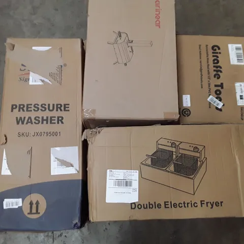 PALLET TO CONTAIN AN ASSORTMENT OF HOUSEHOLD ITEMS TO INCLUDE OUTSIDE PORTABLE PIZZA OVEN, PRESSURE WASHER, DUAL FRYER AND GARDEN HOSE AND REEL ECT