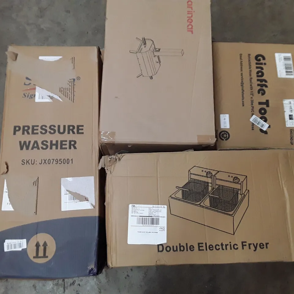 PALLET TO CONTAIN AN ASSORTMENT OF HOUSEHOLD ITEMS TO INCLUDE OUTSIDE PORTABLE PIZZA OVEN, PRESSURE WASHER, DUAL FRYER AND GARDEN HOSE AND REEL ECT