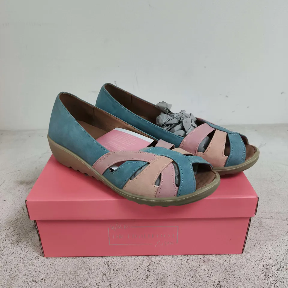 DR LIGHTFOOT WEDGE SANDALS WITH PINK AND TEAL STRAPS – UK SIZE 7