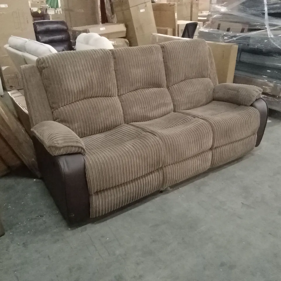 DESIGNER 3 SEATER BROWN CORDUROY FABRIC & FAUX LEATHER MANUAL RECLINER SOFA