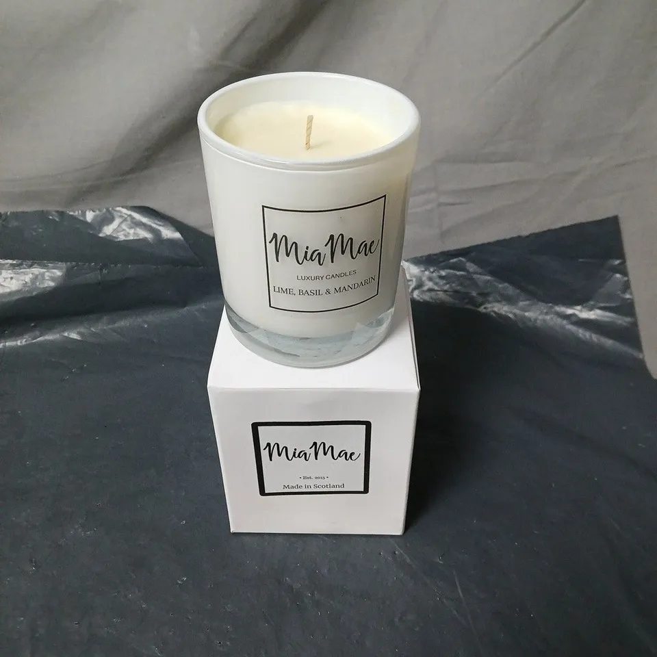 2 X MIA MAE MADE IN SCOTLAND CANDLES IN BOX. LIME, BASIL AND MANDARIN