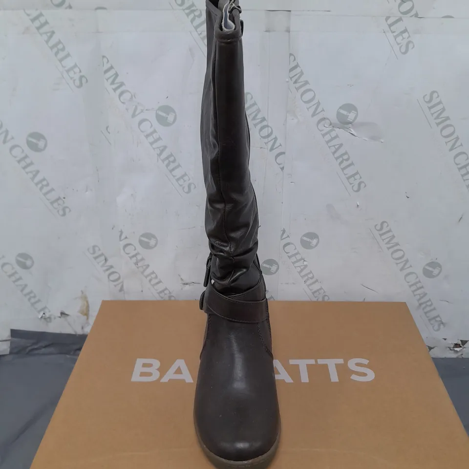 BOX OF APPROXIMATELY 8 BARRATTS STRAP AND ROUCHE WEDGE HIGH BOOTS SIZE 3