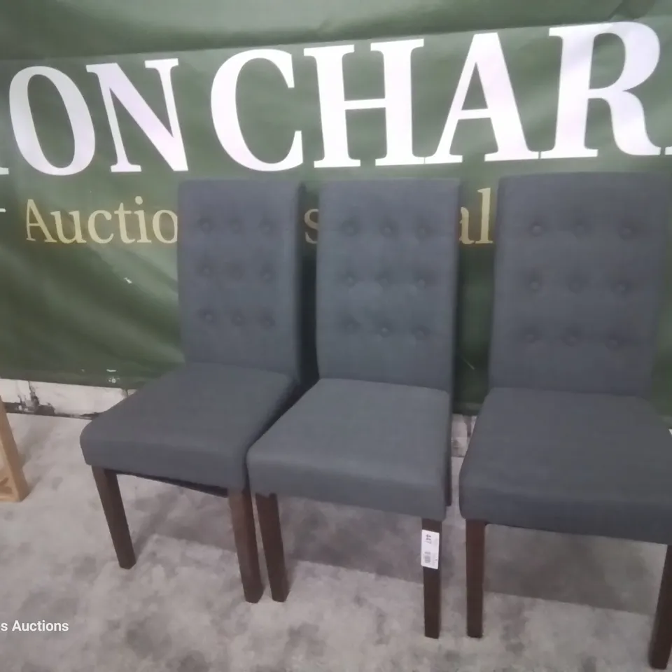SET THREE REGENT DARK GREY FABRIC BUTTONED BACK DINING CHAIRS DARK LEGS