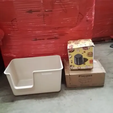 PALLET OF ASSORTED HOUSEHOLD GOODS AND PRODUCTS TO INCLUDE;CAT LITTER BOX,AIR FRYER,PLAYPEN