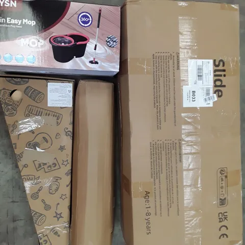 PALLET TO CONTAIN AN ASSORTMENT OF HOUSEHOLD ITEMS TO INCLUDE SPIN EASY MOP, TENT, KIDS GUITAR AND KID SLIDE ECT