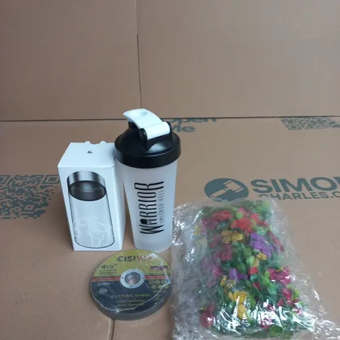 APPROXIMATELY 15 ASSORTED HOUSEHOLD PRODUCTS TO INCLUDE CISIVIS CUTTING WHEEL, REFORMED GLASS JAR AND A WARRIOR PROTEIN DRINK TUMBLER