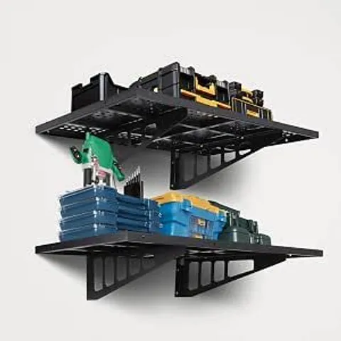 BOXED 2 PACK GARAGE STORAGE RACK, 2'X 3' HEAVY DUTY WALL SHELF GARAGE STORAGE RACK FLOATING SHELVES WITH HOOKS, WALL MOUNTED FLOATING SHELVES WITH 280LBS CAPACITY FOR GARAGE, WAREHOUSE, STORAGE ROOM