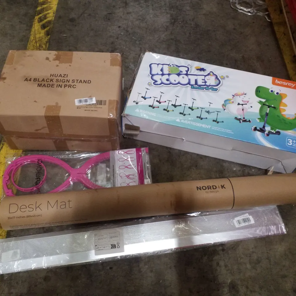 PALLET CONTAINING ASSORTED PRODUCTS INCLUDING KIDS SCOOTER, DESK MAT, WIG STAND, ALUMINIUM TRIM & SIGN STAND