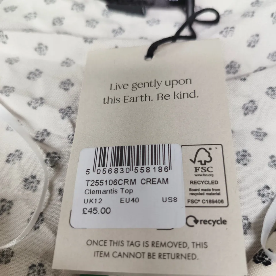 NOBODY'S CHILD CLEMATIS TOP – CREAM, UK12