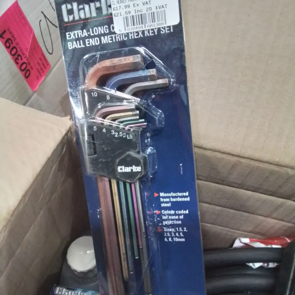 MIXED BOX OF TOOLS TO INCLUDE: HEAT GUN, HEX KEY SET, AIR FILTER REGULATOR PRESSURE HOSES ETC.