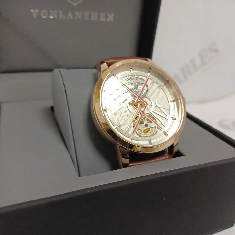 VONLANTHEN MENS AUTOMATIC WATCH - SILVER AND RED TEXTURED DIAL - ROSE GOLD CASE - LEATHER STRAP - DISPLAY BOX