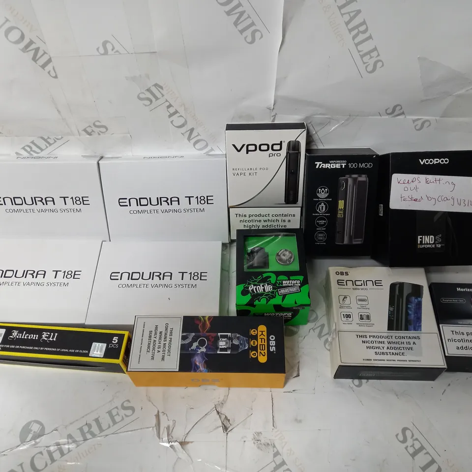 BOX OF APPROX 12 ASSORTED E-CIGARETTES TO INCLUDE -  INNOKIN T18E - VOPRESSO TARGET 100 MOD - OBS KFB2