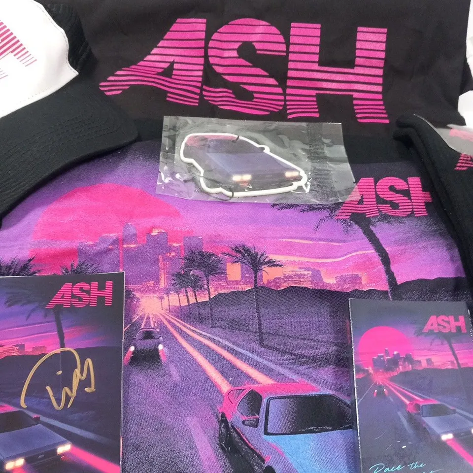 ASH RACE THE NIGHT ALBUM COLLECTION TO INCLUDE; SIGNED CD, PURPLE CASSETTE, ALBUM T-SHIRT, SOCKS, PINK LOGO TOTE BAG, TRUCKER CAP AND CAR AIR FRESHNER