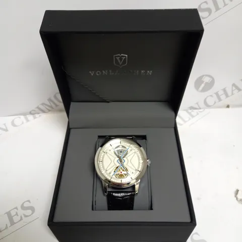 MENS VONLANTHEN AUTOMATIC WATCH – SILVER AND BLUE TEXTURED DIAL –SILVER COLOUR CASE - GLASS EXHIBITION BACKCASE – BLACK LEATHER STRAP