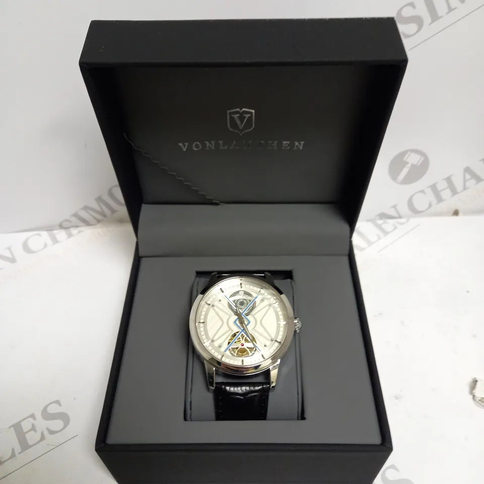 MENS VONLANTHEN AUTOMATIC WATCH – SILVER AND BLUE TEXTURED DIAL –SILVER COLOUR CASE - GLASS EXHIBITION BACKCASE – BLACK LEATHER STRAP