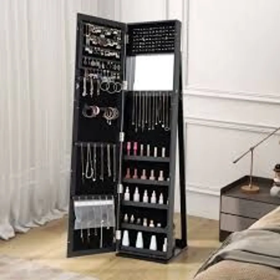 BOXED 3-IN-1 MIRRORED JEWELRY ARMOIRE WITH DISPLAY SHELVES - BLACK