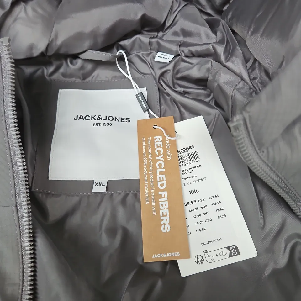 JACK & JONES MEN'S GREY PADDED HOODED JACKET – UK XXL (XXL)