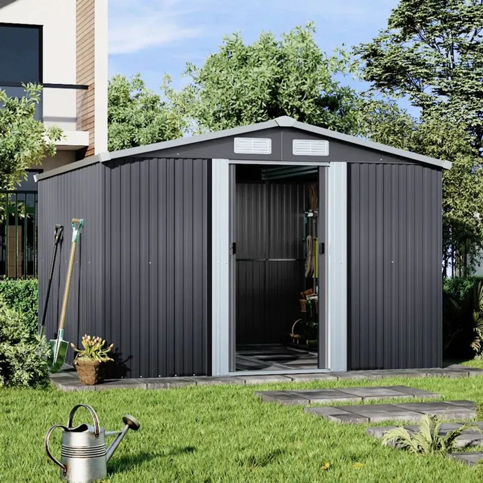 BOXED CHARCOAL BLACK GARDEN STORAGE 8FT W + 8FT D METAL TOOL SHED (3 BOXES)