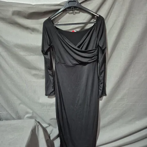 COOL AND SEXY WOMEN'S BLACK DRAPED LONG-SLEEVE DRESS – SIZE L (TURKISH)