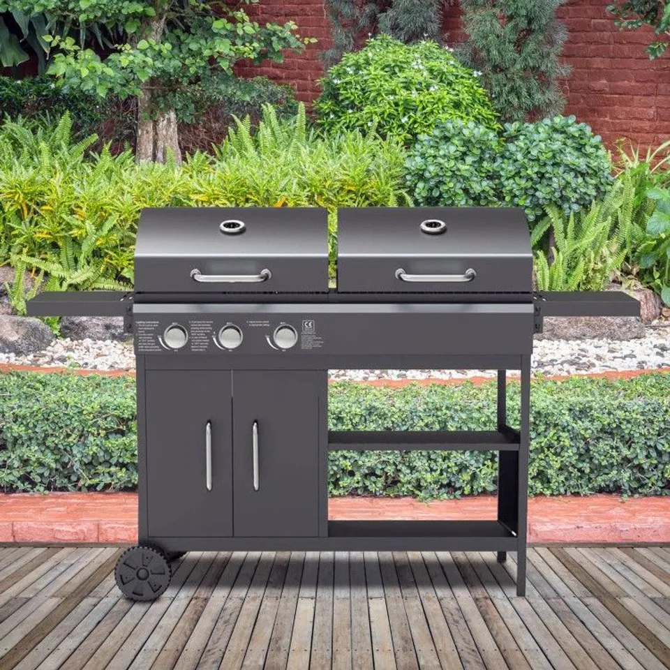 BOXED Boss Grill Georgia Dual Fuel - 3 Burner Gas & Charcoal BBQ Grill - Black