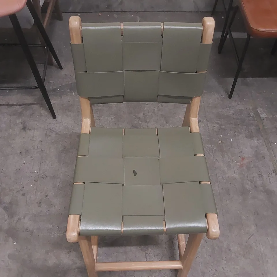 LISBON BAR STOOL - GREEN LEATHER SEAT - TEAK FRAME - 66CM