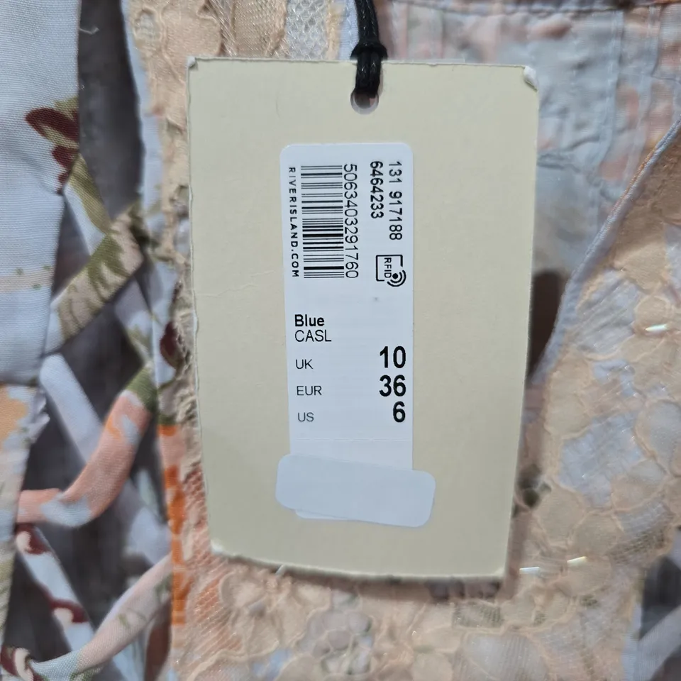 RIVER ISLAND STUDIO FLORAL DRESS WITH LACE PANELS – BLUE/PEACH, UK 10 (US 6) (VERIFY MODEL)