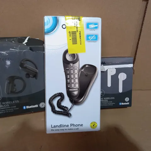 BOX OF APPROXIMATELY 10 ASSORTED ELECTRICAL ITEMS TO INCLUDE ASDA TECH TRUE WIRELESS EARBUDS, ONN LANDLINE PHONE, ASDA TECH WIRELESS EARBUDS, ETC