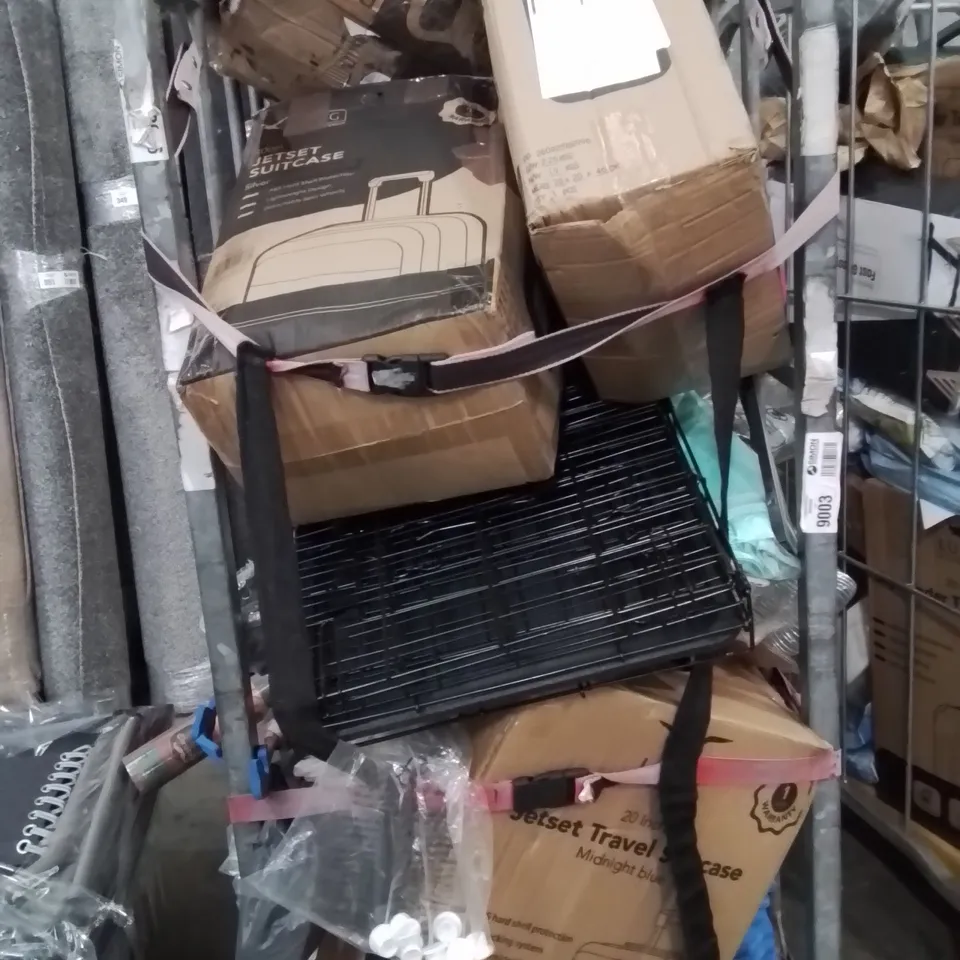 CAGE OF ASSORTED HOUSEHOLD GOODS AND PRODUCTS TO INCLUDE;DOG CAGE,SUITCASES,YOGA MAT,COAT HANGERS 