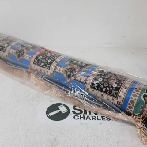 ROLLED ORIENTAL STYLE RUG WITH BLUE, CREAM AND GOLD PATTERN - LENGTH UNSPECIFIED 