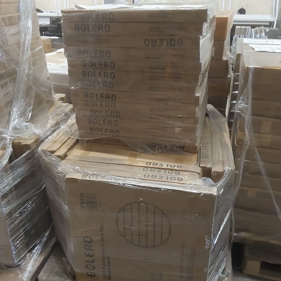 PALLET CONTAINING A VERY LARGE QUANTITY OF BRAND NEW BOXED BOLERO ALUMINIUM TABLE TOPS 