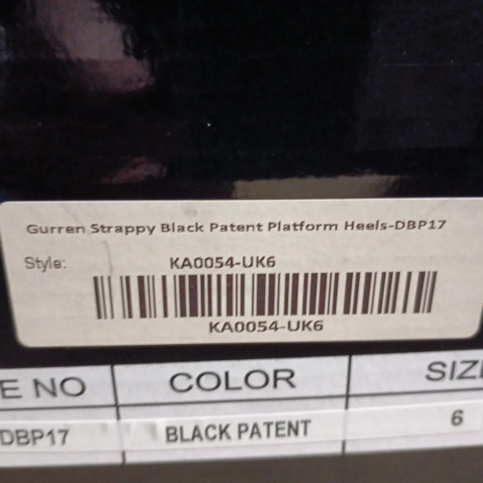 BOXED PAIR OF KOI GURREN STRAPPY BLACK PATANT PLATFORM HEELS IN BLACK UK 6