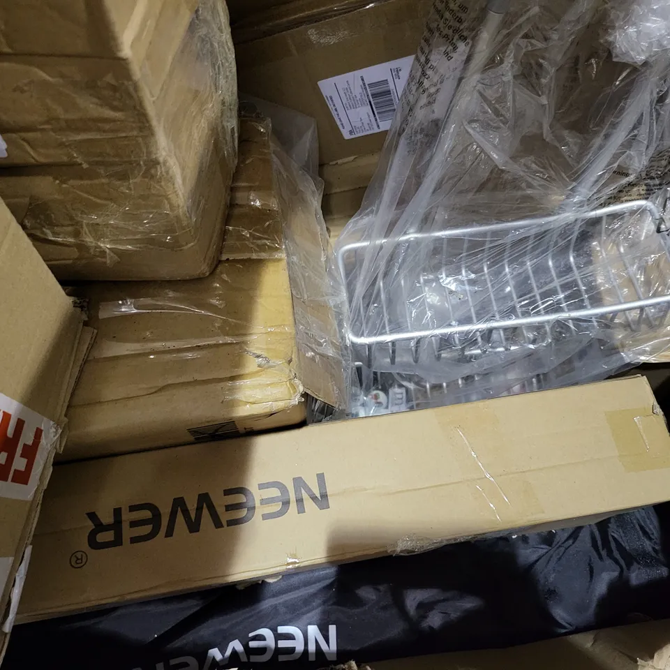 PALLET OF A SIGNIFICANT QUANTITY OF ASSORTED ITEMS TO INCLUDE SLX SATELLITE SPEAKER STAND PAIR, ORTHOPEDIC BRACES, MY WORLD I POSTERS, BAGGED AND ROLLED COT MATTRESS, ETC