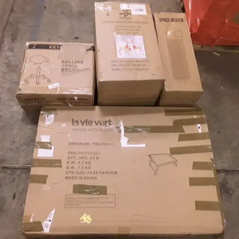 PALLET OF ASSORTED PRODUCTS INCLUDING ROLLING STOOL, PUZZLE TABLE, 3-PIECE LIGHTED CHRISTMAS DEER, SPACE HEATER, ALTERNATING PRESSURE MATTRESS