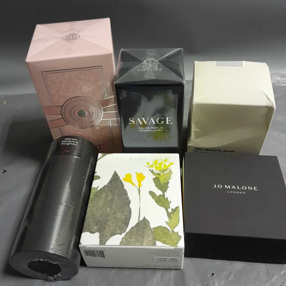 BOX OF APPROXIMATELY 6 ASSORTED BOXED FRAGRANCES TO INCLUDE - AARON TERENCE HUGHES LOKI - JO MALONE COLOGNE - ZARA MAJESTIC SILVER - ETC
