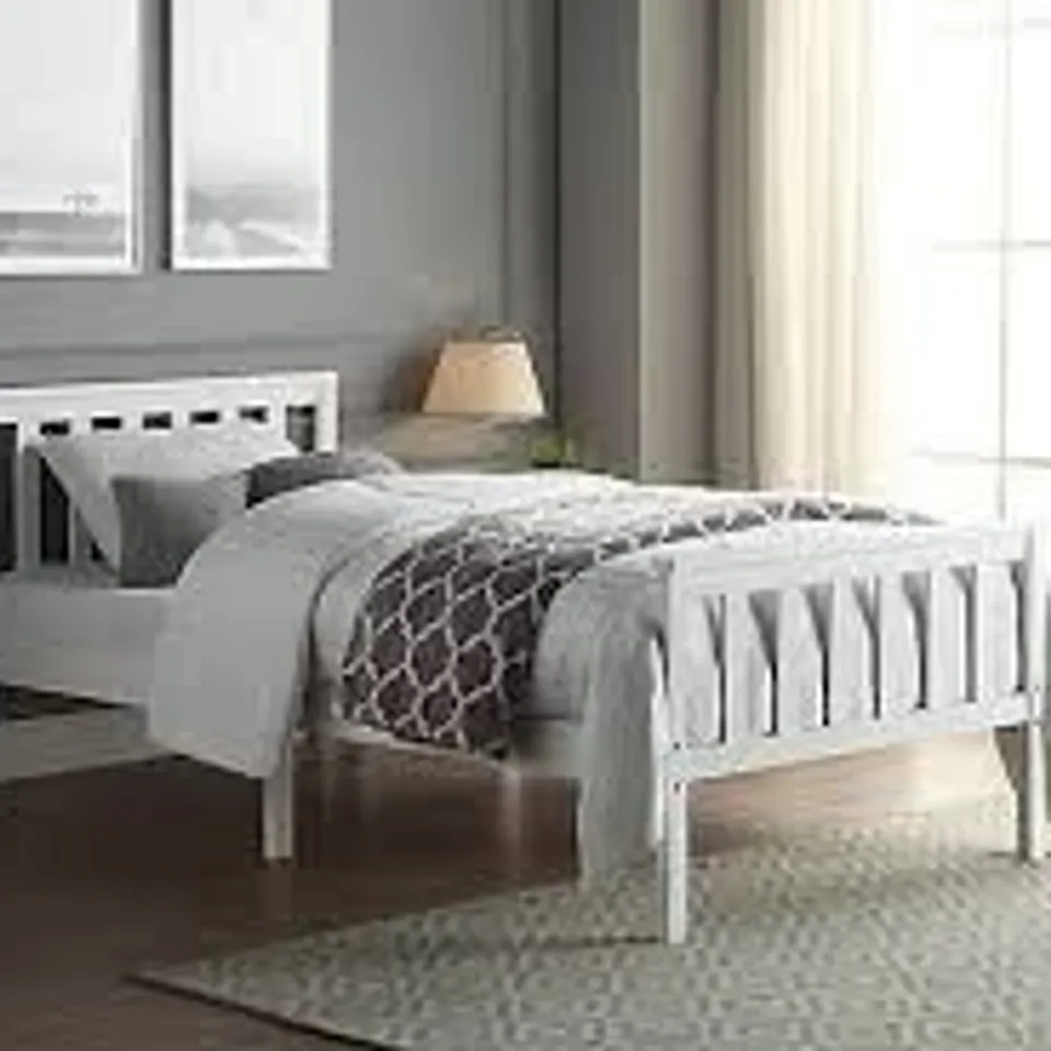 BOXED SINGLE WHITE WOODEN BED FRAME 3FT SLATTED BED