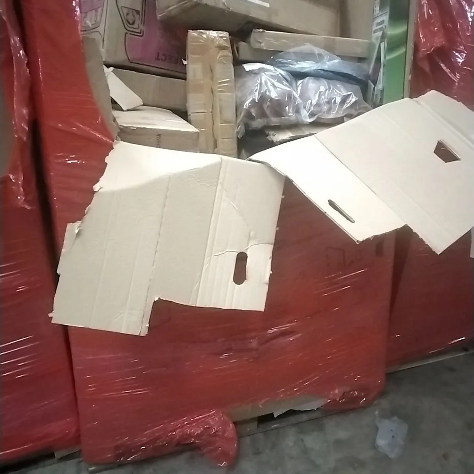 A PALLET CONTAINING ASSORTED HOUSEHOLD GOODS AND PRODUCTS TO INCLUDE; AIR COOLER, STEP LADDERS, WATER BRUSH, BOXED FURNITURE ETC