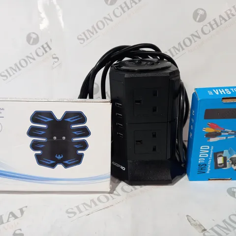 BOX OF APPROXIMATELY 20 ASSORTED HOUSEHOLD ITEMS TO INCLUDE VHS TO DVD FILE CONVERTER, MULTI-SOCKET TOWER, EMS PULSE ABDOMEN DEVICE, ETC