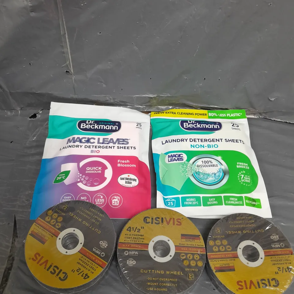 APROXIMATELY 15 ASSORTED HOUSEHOLD ITEMS TO INCLUDE CUTTING WHEEL , DETERGENT SHEETS , ETC 