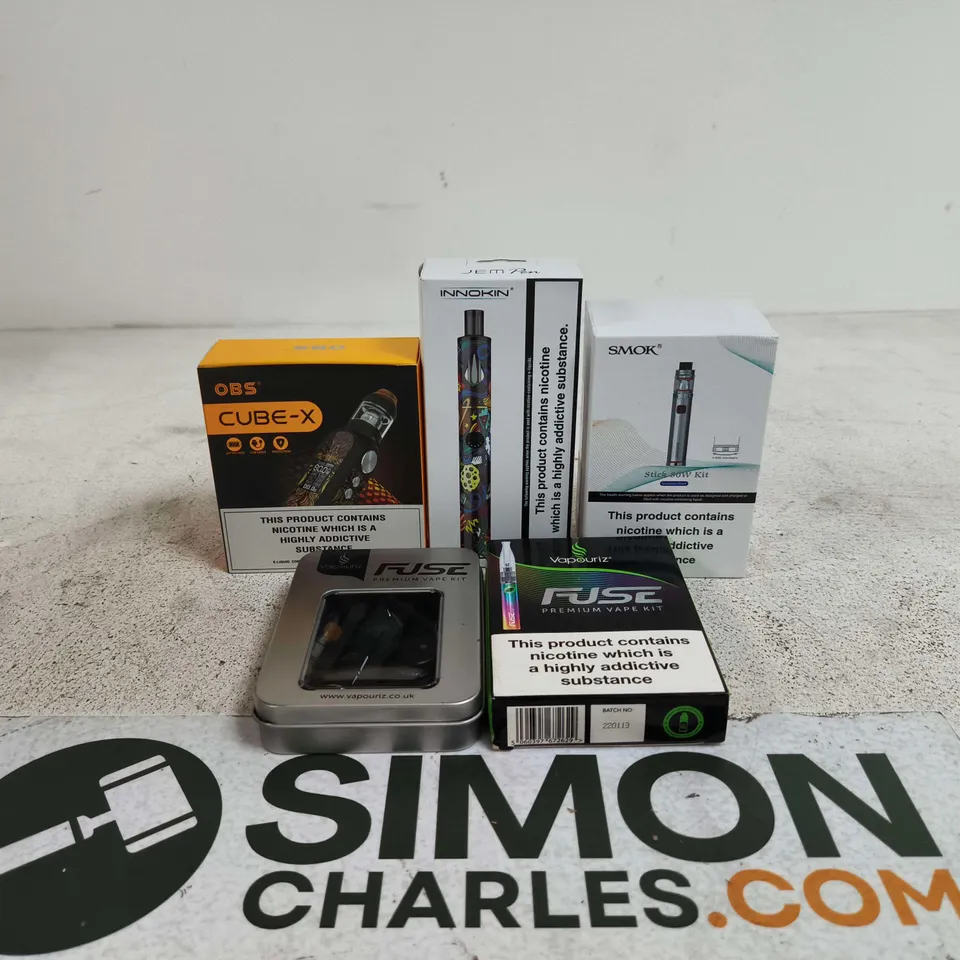 BOX OF APPROXIMATELY 25 ASSORTED E-CIGARETTES AND COMPONENTS TO INCLUDE OBS CUBE-X, SMOK, INNOKIN, VAPOURIZ ETC