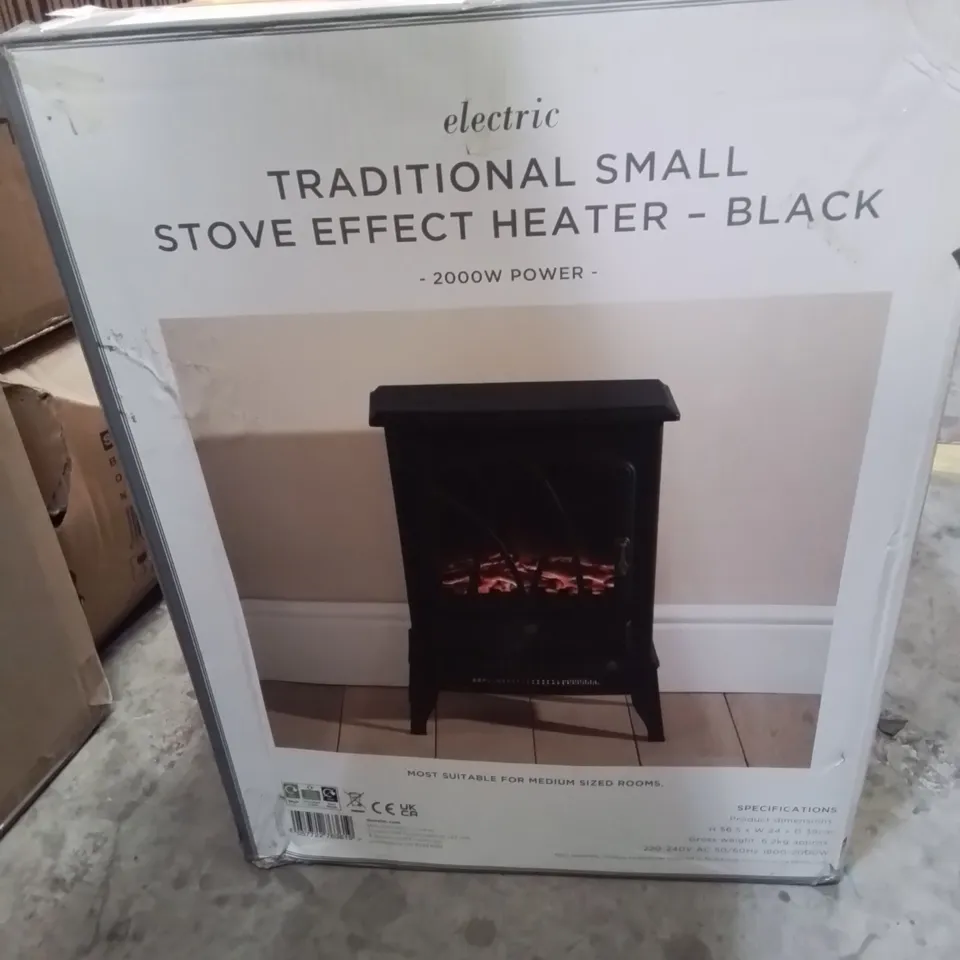 BOXED TRADITIONAL SMALL STOVE EFFECT HEATER - BLACK -