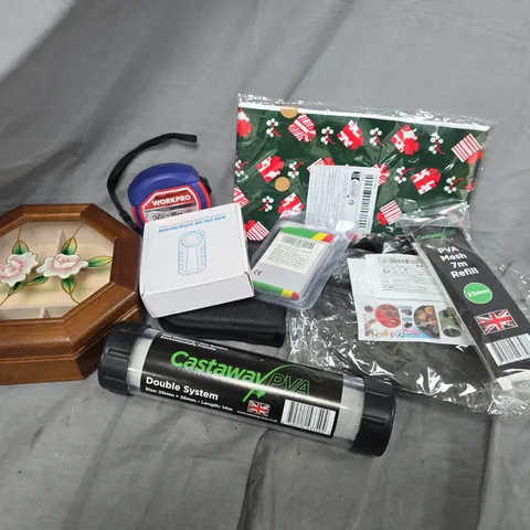 APPROXIMATELY 15 ASSORTED HOUSEHOLD ITEMS TO INCLUDE WORKPRO TAPE MEASURE, BIKE ANTI THEFT ALARM, PVA MESH 7M REFILL, ETC