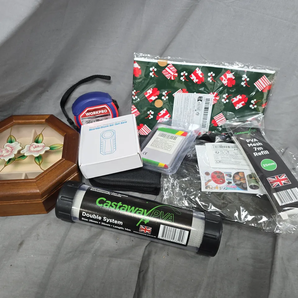 APPROXIMATELY 15 ASSORTED HOUSEHOLD ITEMS TO INCLUDE WORKPRO TAPE MEASURE, BIKE ANTI THEFT ALARM, PVA MESH 7M REFILL, ETC
